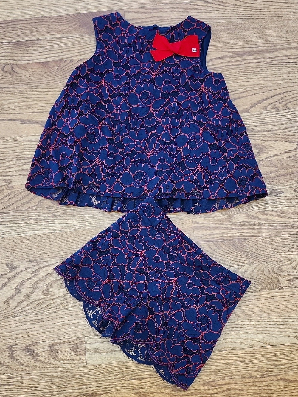 CH Carolina Herrera Navy & Red Floral Lace Kids Matching Short Set